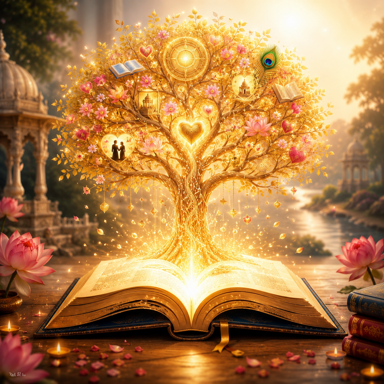 A glowing book and golden tree representing Pure Love, education, hope and timeless values