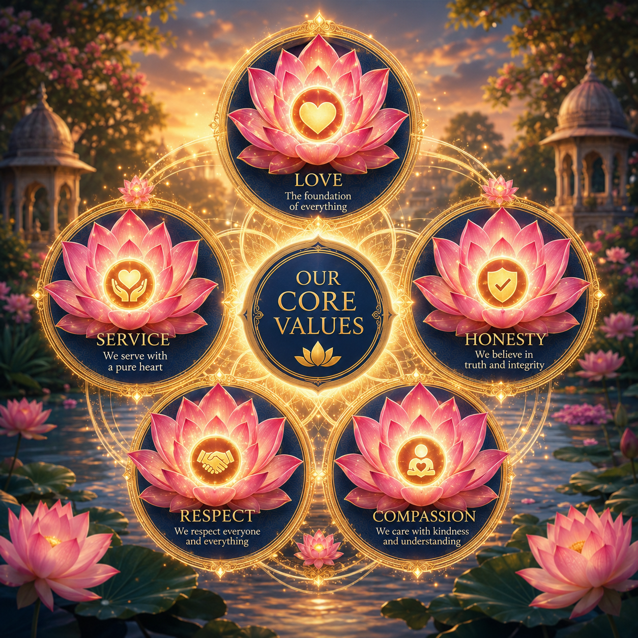 Five glowing lotus flowers representing Pure Love, service, honesty, respect and compassion