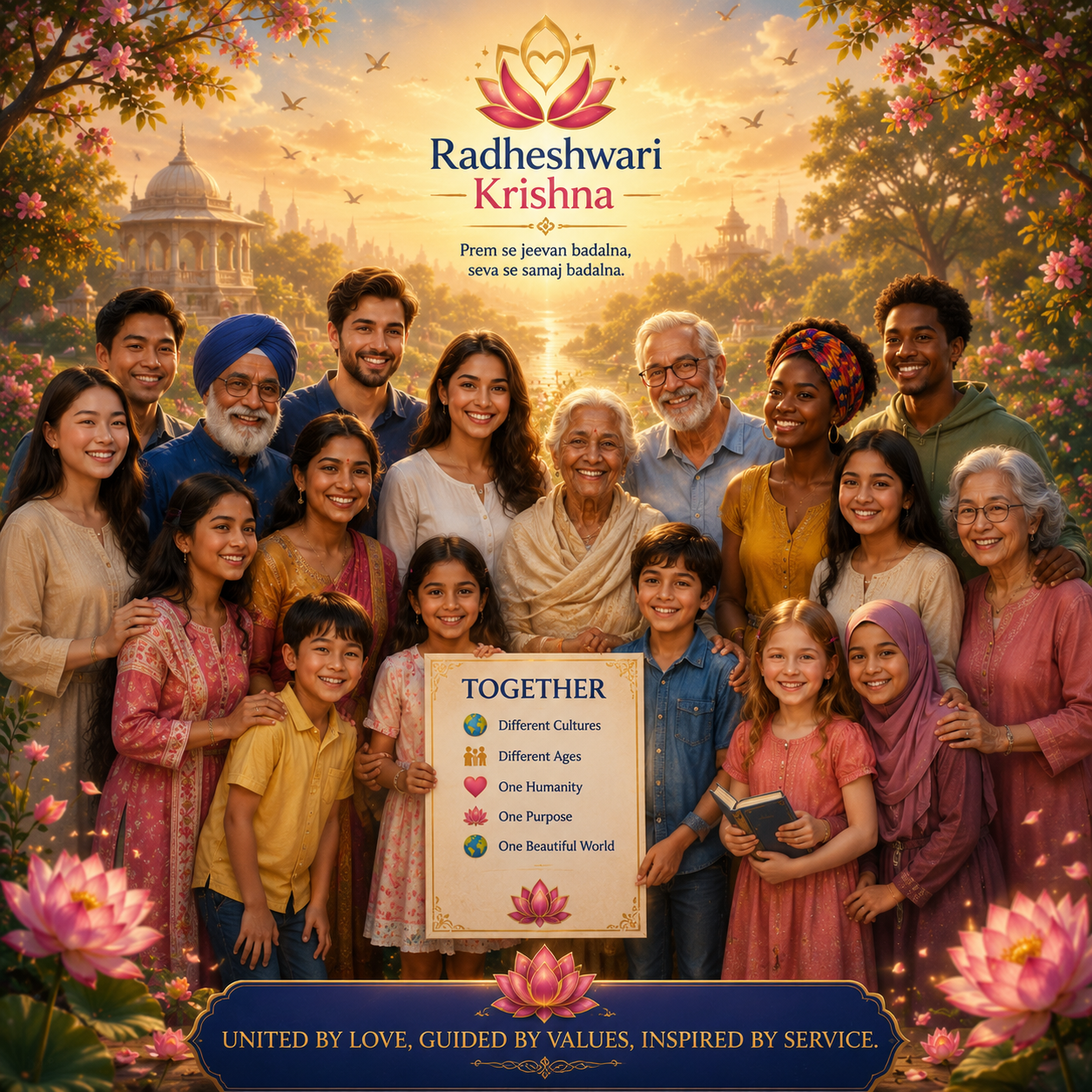 People of different ages and cultures united through Pure Love, education, harmony and compassion