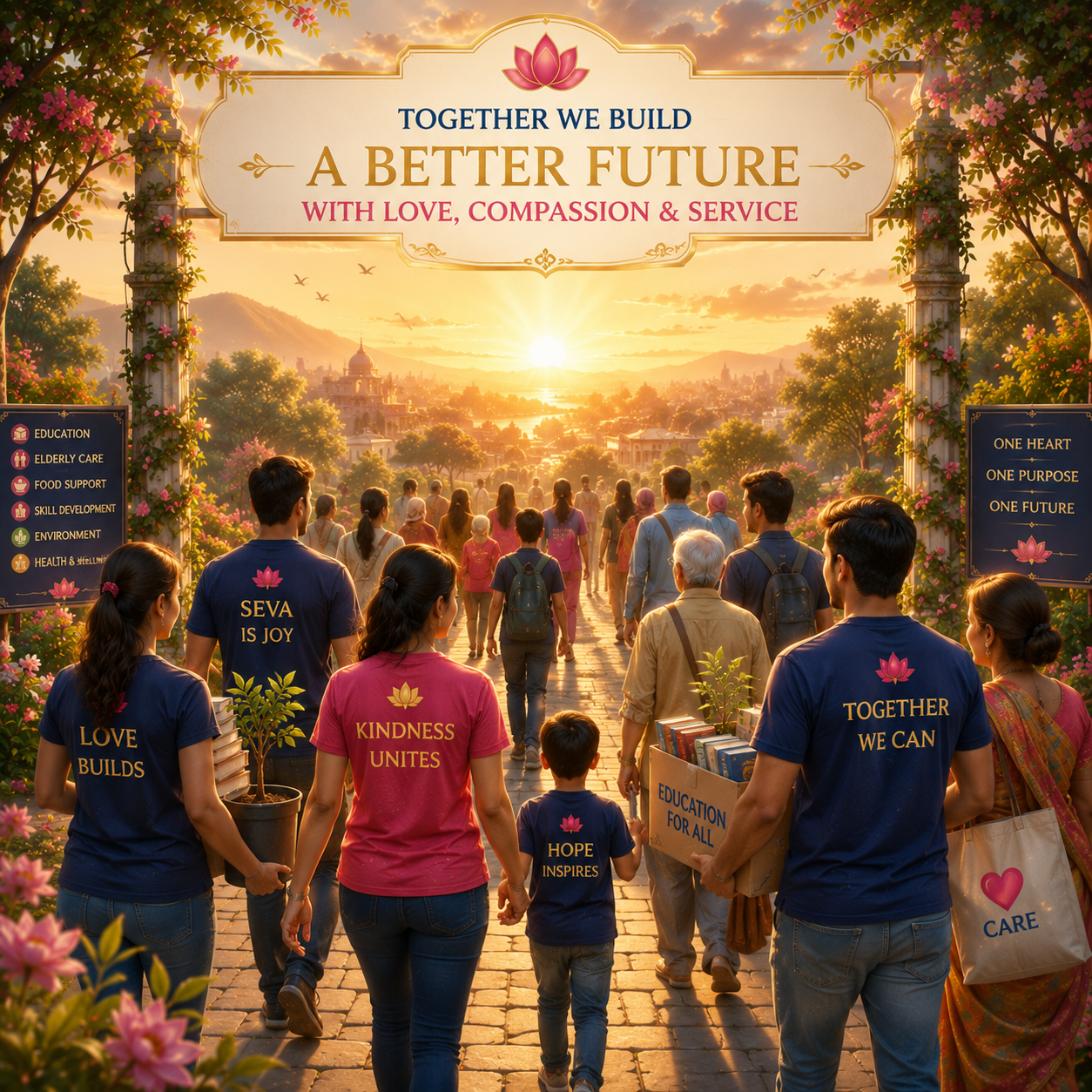 Diverse volunteers walking toward a hopeful sunrise with books and plants, united by Pure Love, compassion and service